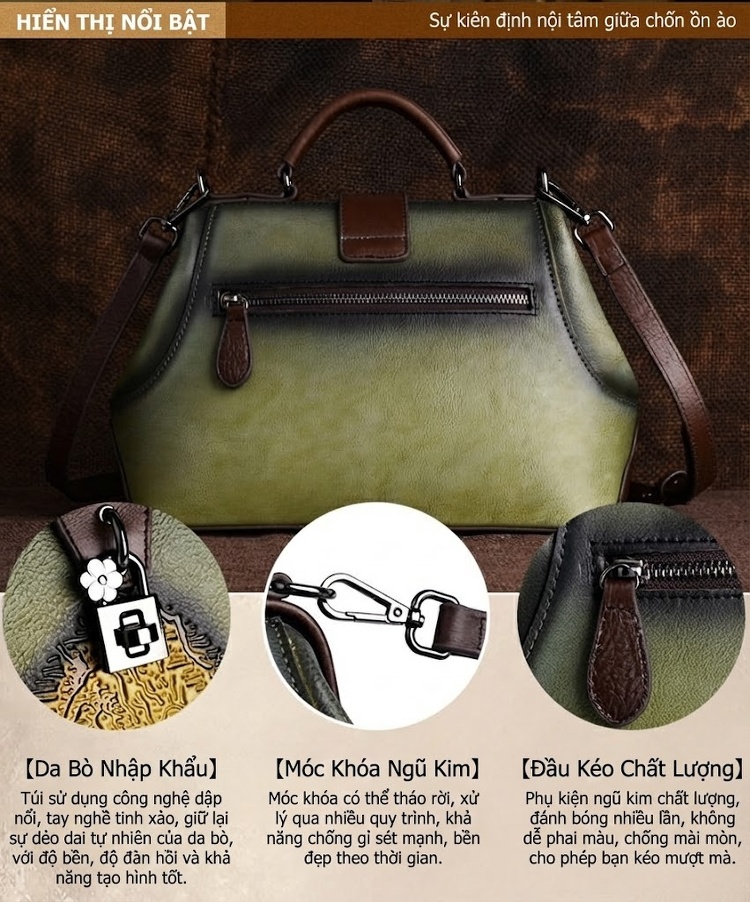 Túi Xách Nữ Da Thật Dập Vân Họa Tiết Vintage Quai Xách Tay Đeo Chéo Màu Xanh Lá, Nâu, Xám, Đỏ... chi tiết 27