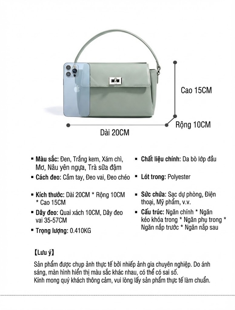 Túi Xách Nữ Da Thật Đeo Chéo Mini Cao Cấp Phong Cách Công Sở Màu Xanh, Nâu chi tiết 10