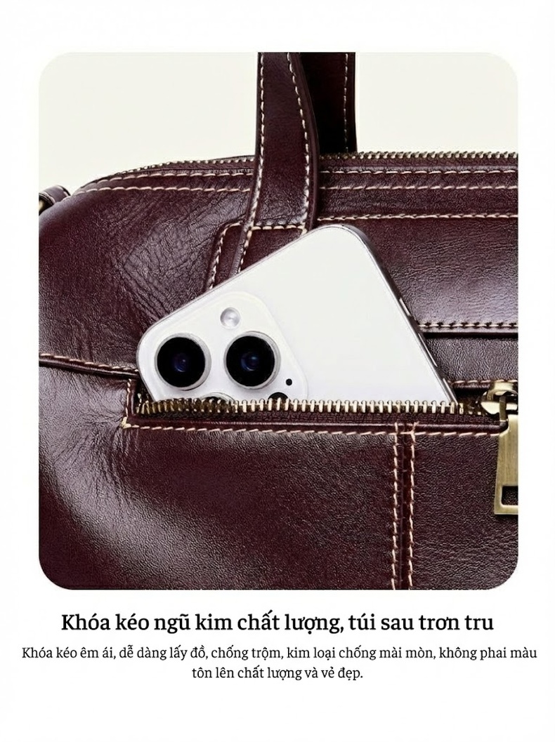 Túi Xách Nữ Da Thật Đeo Chéo Thời Trang Công Sở Cỡ Lớn Màu Nâu Đỏ, Nâu chi tiết 10