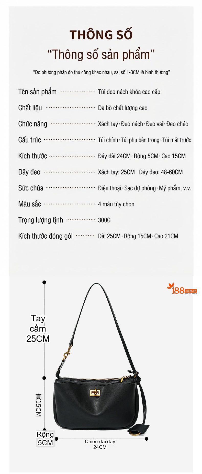Túi Xách Nữ Da Thật Đeo Vai Dáng Bánh Mì Khóa Gài Màu Đen, Nâu chi tiết 4
