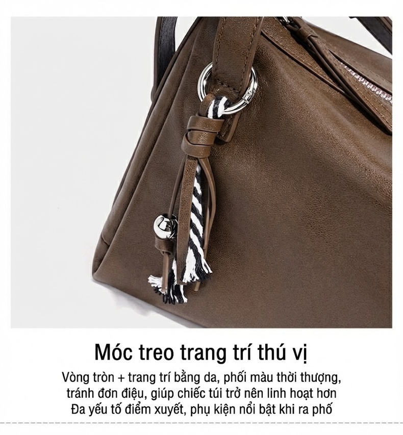 Túi Xách Nữ Da Thật Đeo Vai/Đeo Chéo Kiểu Dáng Pillow, Dung Tích Lớn, Phong Cách Thanh Lịch Màu Nâu, Đen chi tiết 11