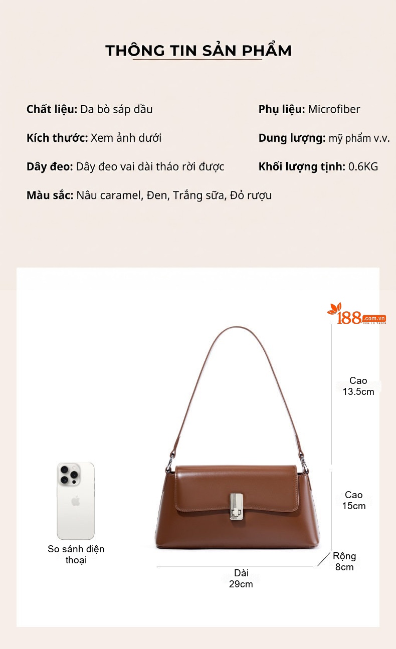 Túi Xách Nữ Da Thật Đeo Vai/Đeo Chéo Kiểu Pháp Màu Đỏ, Nâu, Đen chi tiết 5