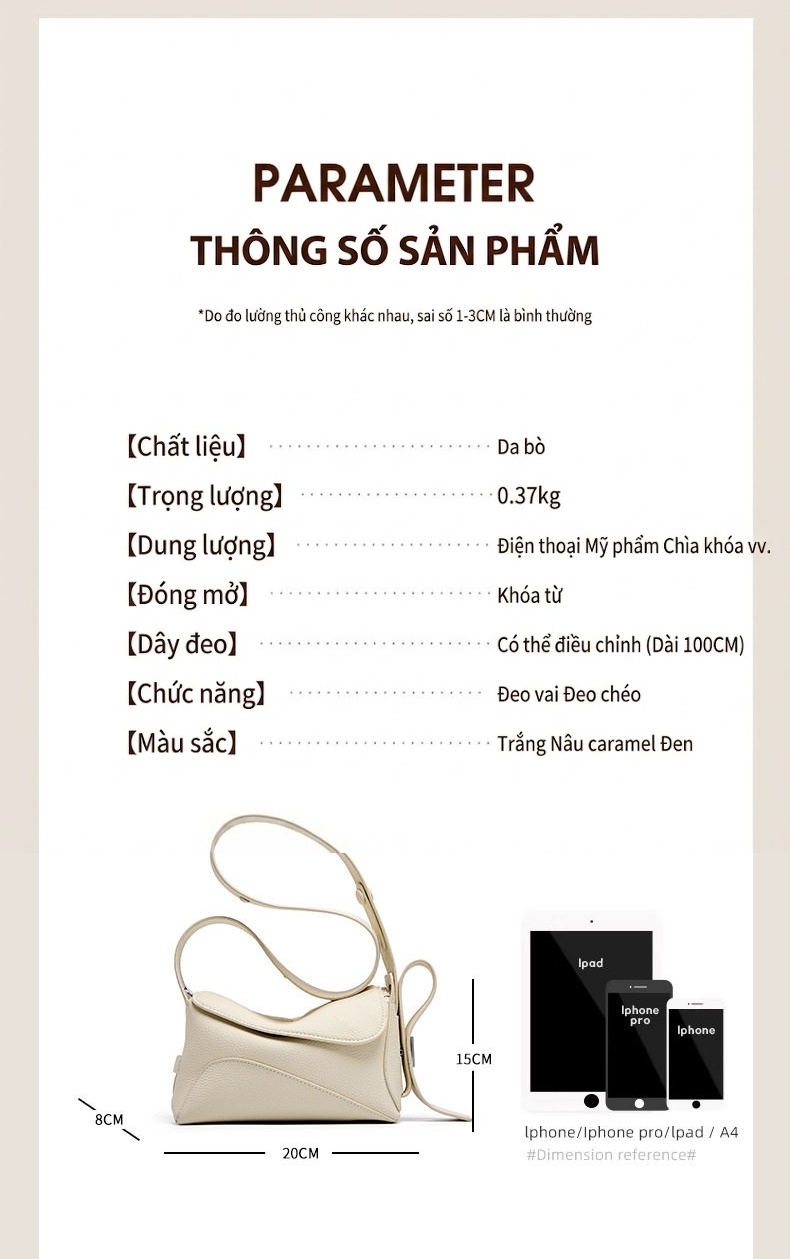 Túi Xách Nữ Da Thật Đeo Vai/Đeo Chéo Sức Chứa Lớn Màu Nâu, Đen, Trắng chi tiết 3