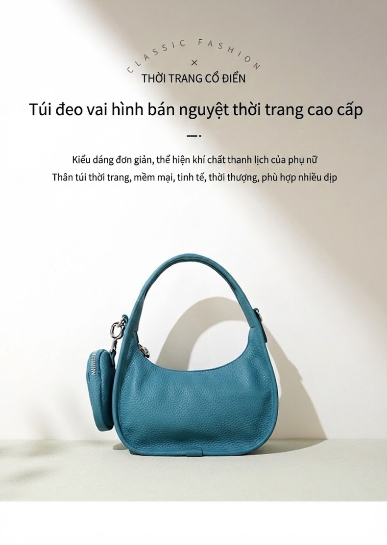 Túi Xách Nữ Da Thật Đeo Vai/Kẹp Nách/Đeo Chéo Hình Trăng Lưỡi Liềm Kèm Túi Đựng Tai Nghe Màu Xanh, Nâu, Vàng, Trắng... chi tiết 1