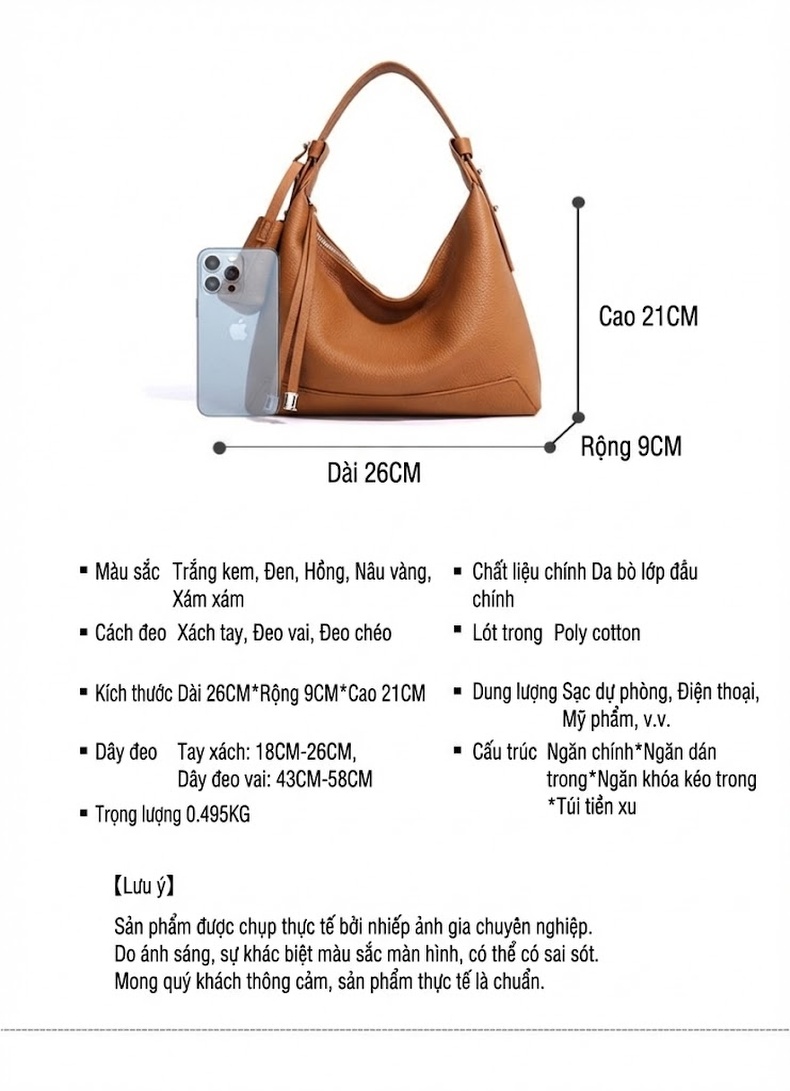 Túi Xách Nữ Da Thật Đeo Vai/Kẹp Nách/Đeo Chéo Phong Cách Tiểu Thư Màu Xám, Nâu, Hồng, Xanh chi tiết 8