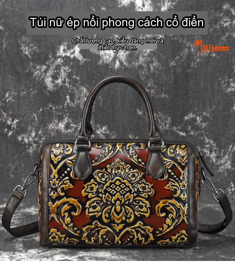 Túi Xách Nữ Da Thật Đeo Vai/Xách Tay/Đeo Chéo Dáng Gối Họa Tiết Vintage Màu Nâu Đỏ chi tiết 1