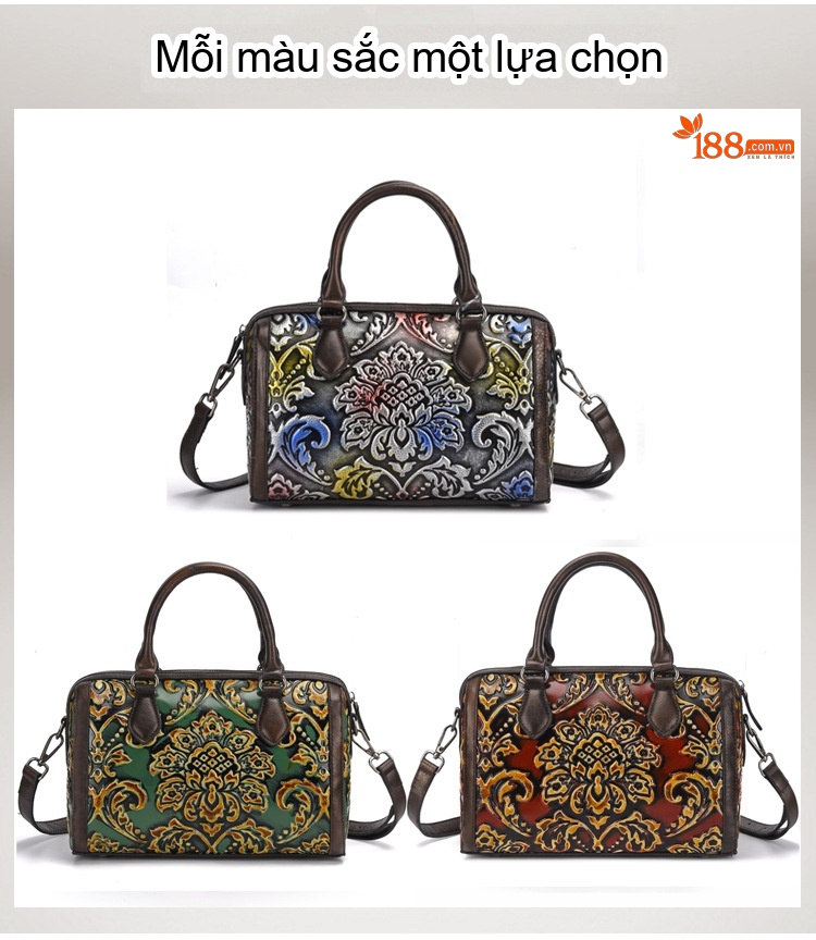 Túi Xách Nữ Da Thật Đeo Vai/Xách Tay/Đeo Chéo Dáng Gối Họa Tiết Vintage Màu Nâu Đỏ chi tiết 2