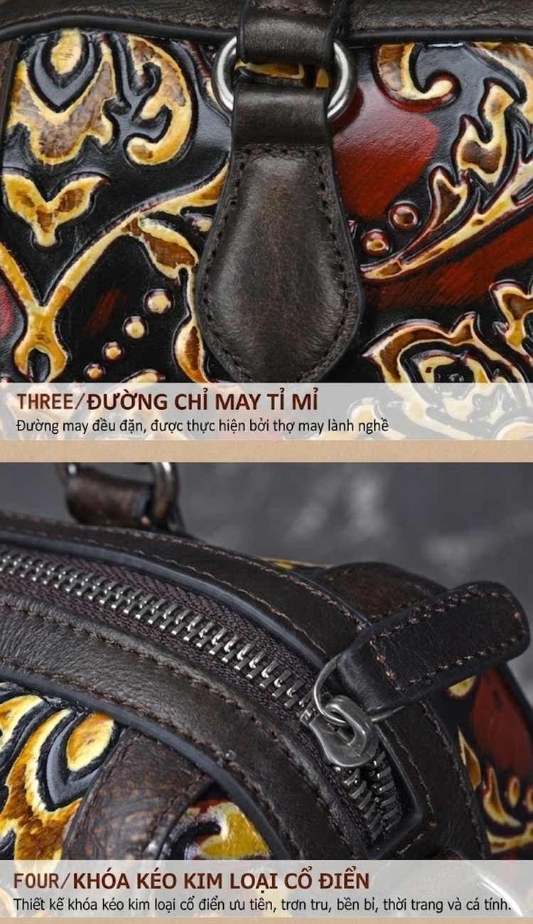 Túi Xách Nữ Da Thật Đeo Vai/Xách Tay/Đeo Chéo Dáng Gối Họa Tiết Vintage Màu Nâu Đỏ chi tiết 13