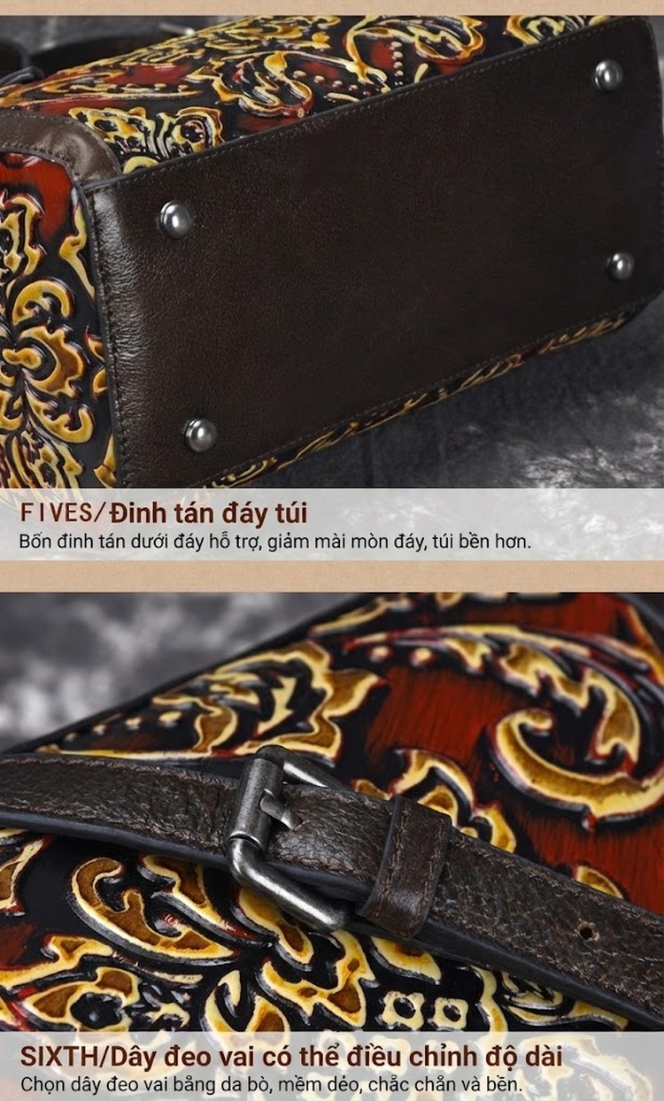 Túi Xách Nữ Da Thật Đeo Vai/Xách Tay/Đeo Chéo Dáng Gối Họa Tiết Vintage Màu Nâu Đỏ chi tiết 14