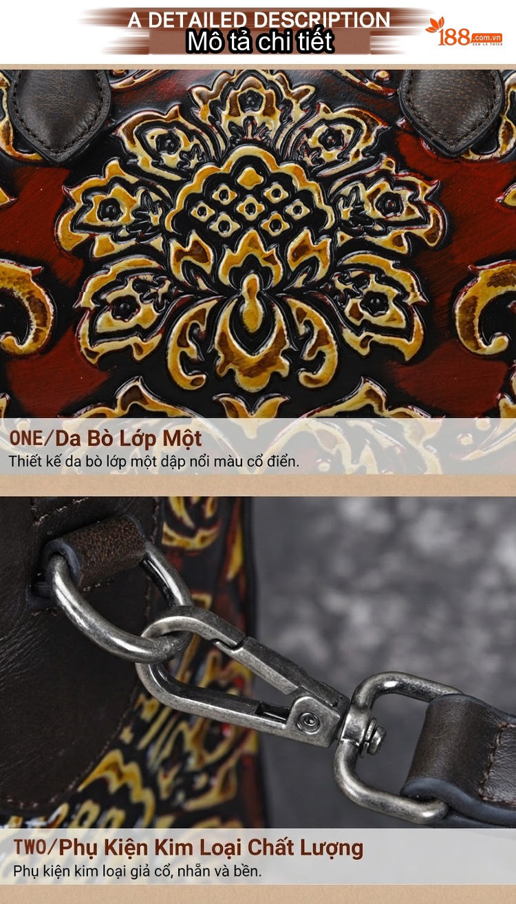 Túi Xách Nữ Da Thật Đeo Vai/Xách Tay/Đeo Chéo Dáng Gối Họa Tiết Vintage Màu Nâu Đỏ chi tiết 12