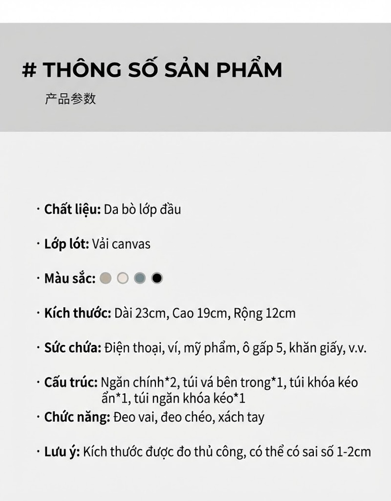 Túi Xách Nữ Da Thật Đeo Vai, Xách Tay, Đeo Chéo Sức Chứa Lớn Màu Trắng Kem, Đen, Xám Xanh chi tiết 4