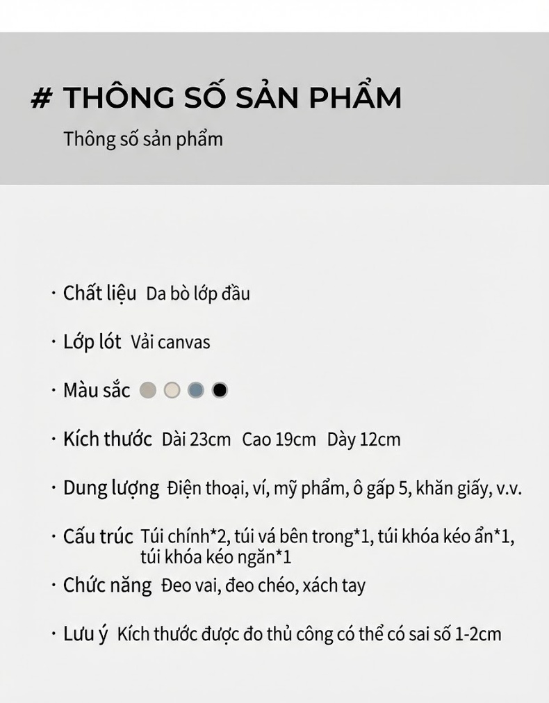 Túi Xách Nữ Da Thật Đeo Vai, Xách Tay, Đeo Chéo Sức Chứa Lớn Màu Trắng Kem, Đen, Xám Xanh chi tiết 20