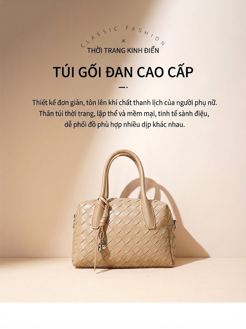 Túi Xách Nữ Da Thật Đeo Vai, Xách Tay Họa Tiết Trám Thanh Lịch Màu Kem, Trắng, Đen chi tiết 1