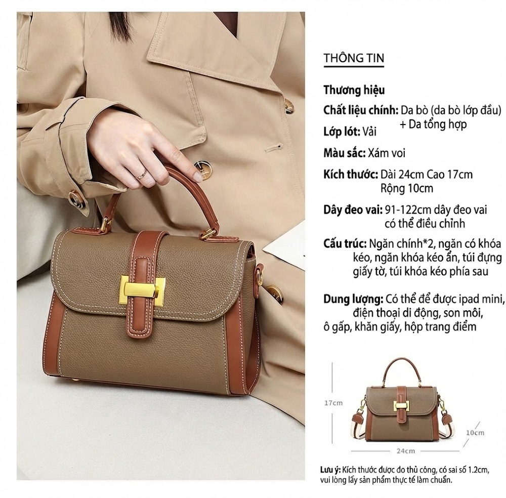 Túi Xách Nữ Da Thật Đeo Vai, Xách Tay Màu Nâu, Be chi tiết 7