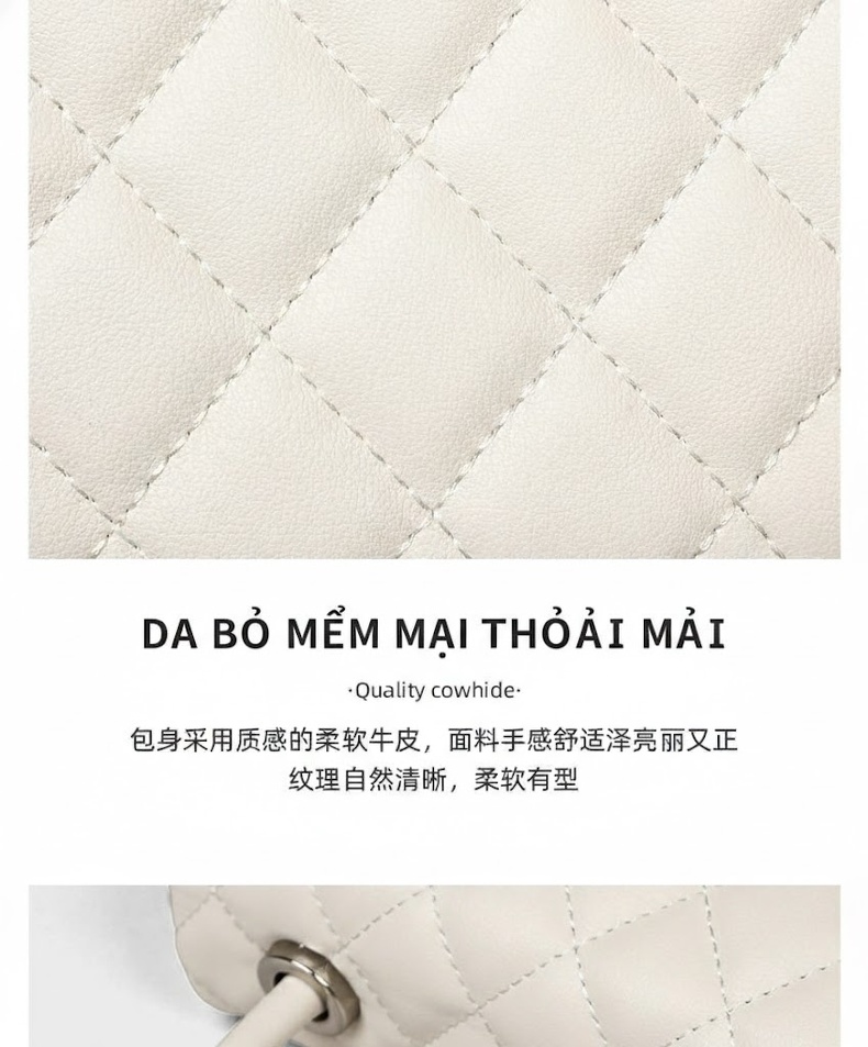 Túi Xách Nữ Da Thật Họa Tiết Trám Khóa Cài Dây Xích Đeo Vai Màu Trắng Kem chi tiết 11