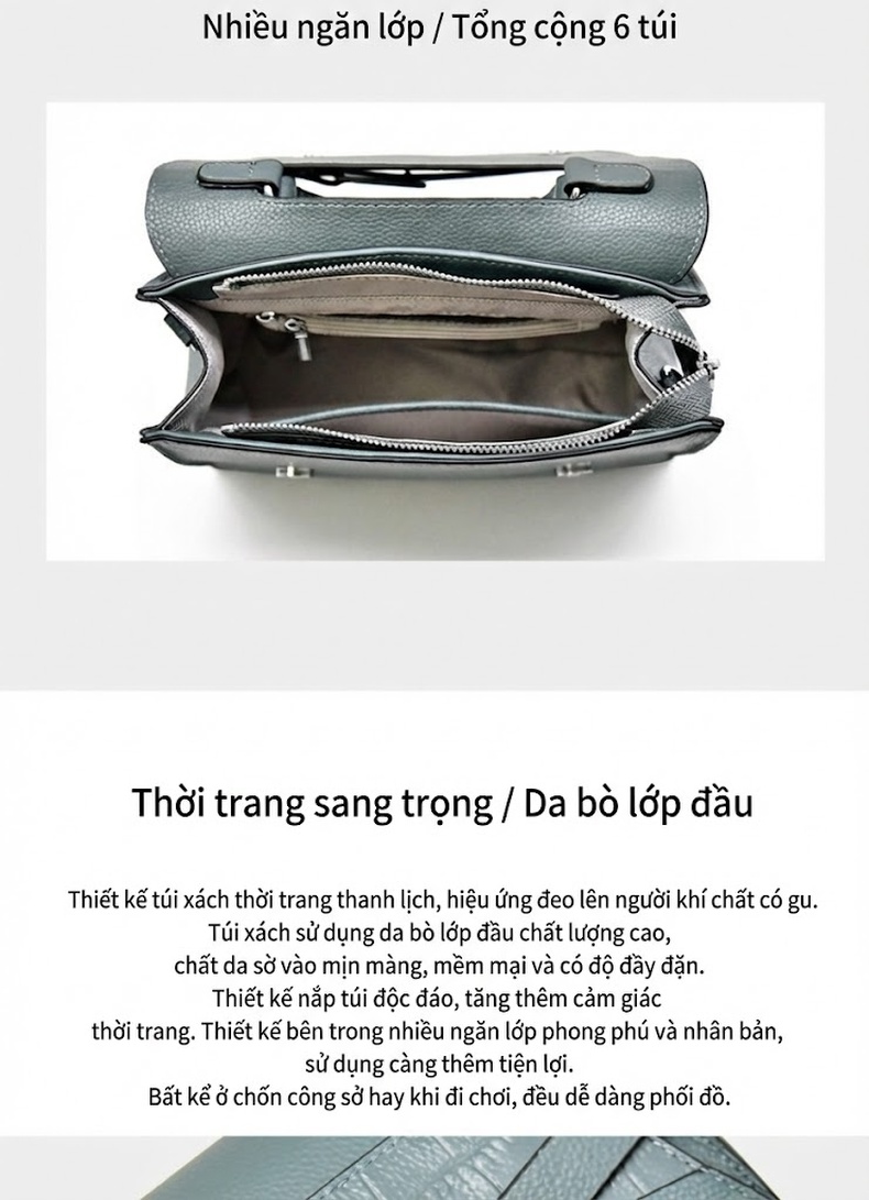 Túi Xách Nữ Da Thật Kelly Form Âu Mỹ Cổ Điển Màu Xanh, Đen chi tiết 2