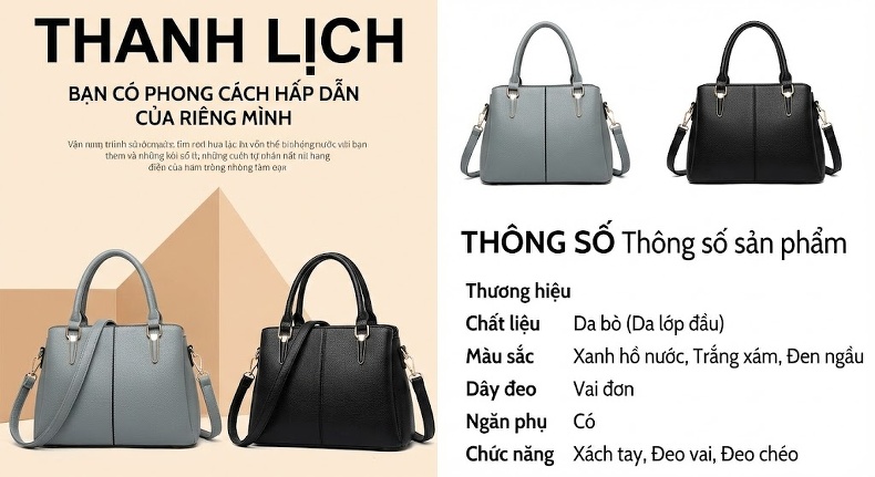Túi Xách Nữ Da Thật Kelly Form Âu Mỹ Cổ Điển Màu Xanh, Đen chi tiết 4
