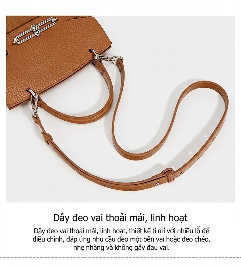 Túi Xách Nữ Da Thật Kelly Khóa Kim Loại Thời Trang Đeo Vai, Đeo Chéo Màu Nâu, Trắng Kem chi tiết 12