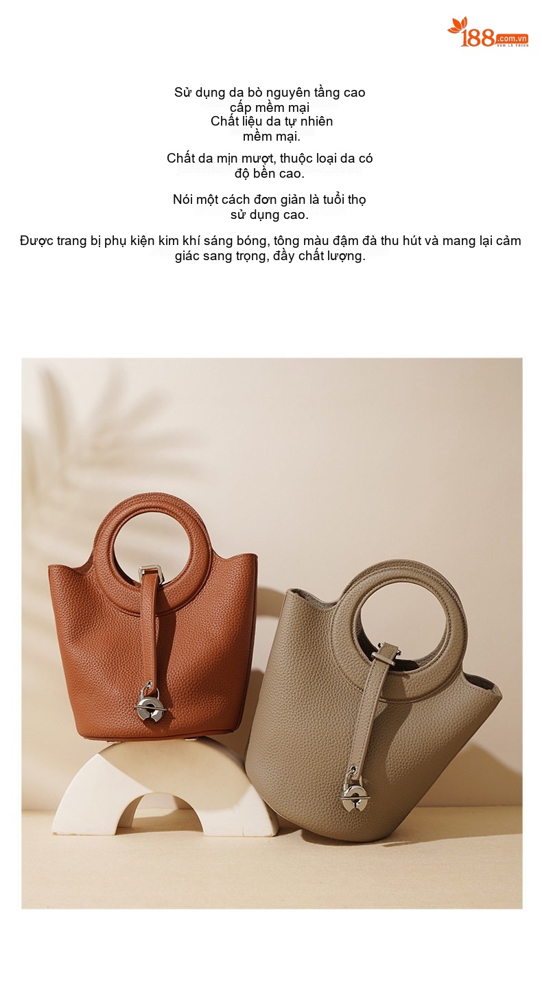 Túi Xách Nữ Da Thật Mini Dáng Bucket Vintage Màu Nâu chi tiết 3