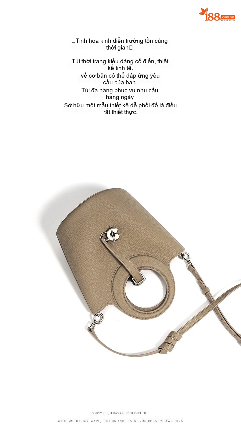 Túi Xách Nữ Da Thật Mini Dáng Bucket Vintage Màu Nâu chi tiết 7