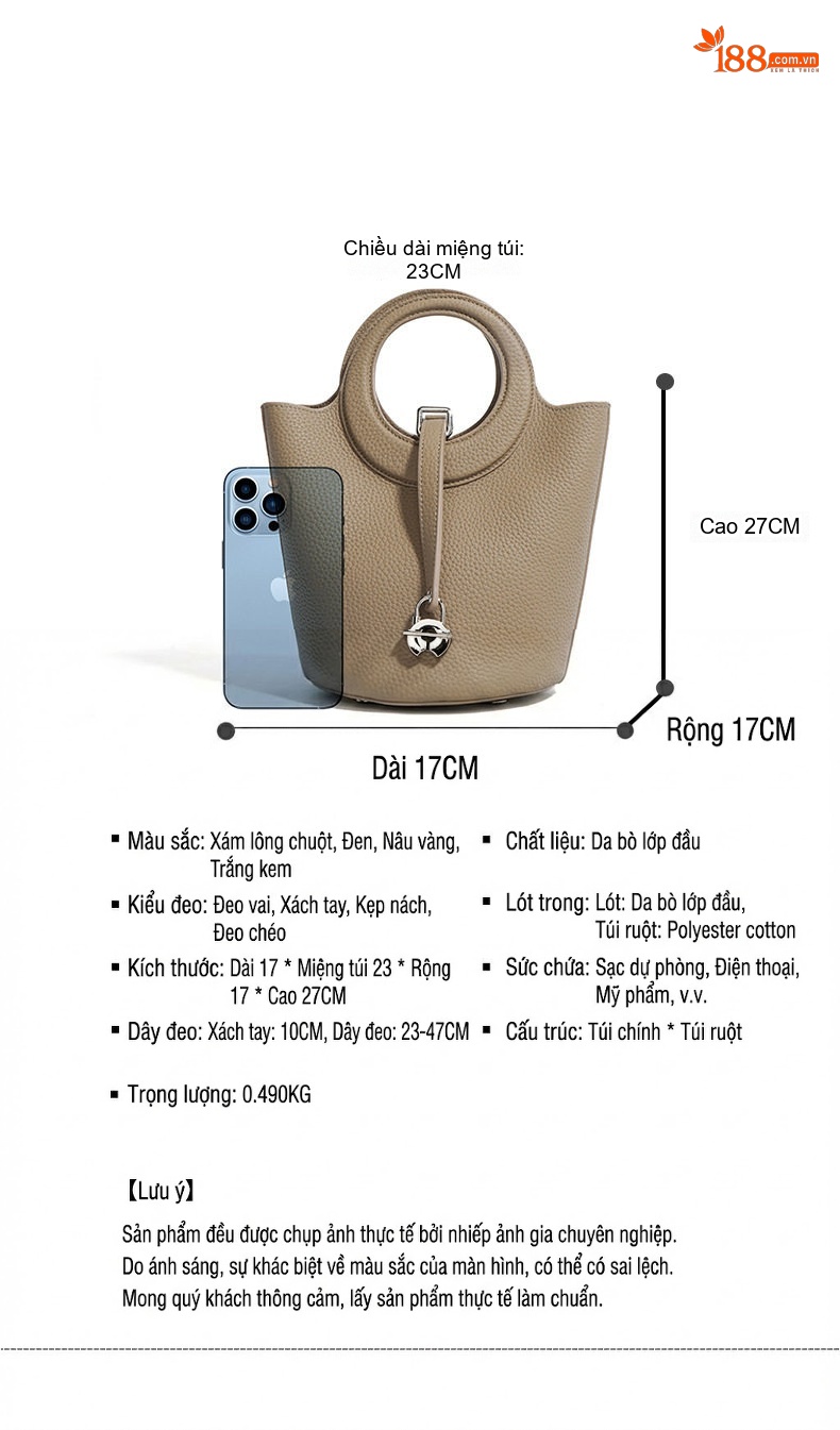 Túi Xách Nữ Da Thật Mini Dáng Bucket Vintage Màu Nâu chi tiết 8