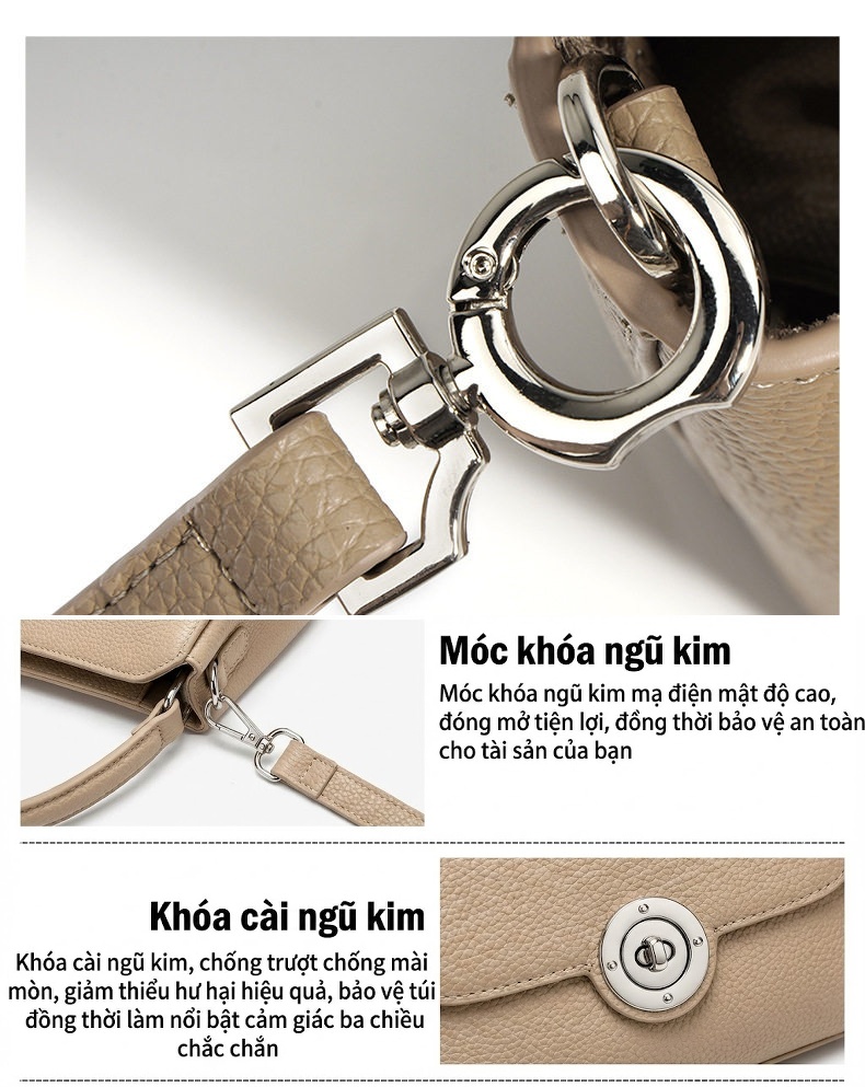 Túi Xách Nữ Da Thật Mini Dáng Bucket Vintage Màu Nâu chi tiết 13