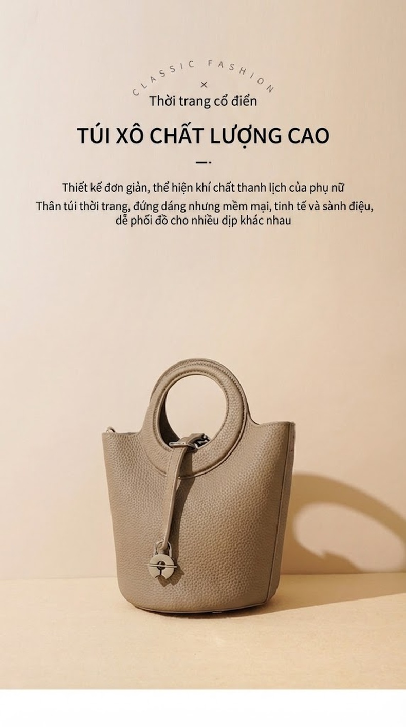 Túi Xách Nữ Da Thật Mini Dáng Bucket Vintage Màu Nâu chi tiết 2