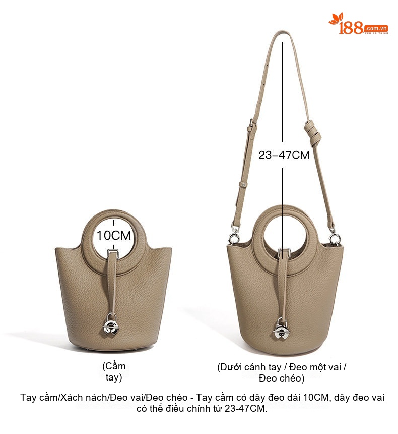 Túi Xách Nữ Da Thật Mini Dáng Bucket Vintage Màu Nâu chi tiết 10