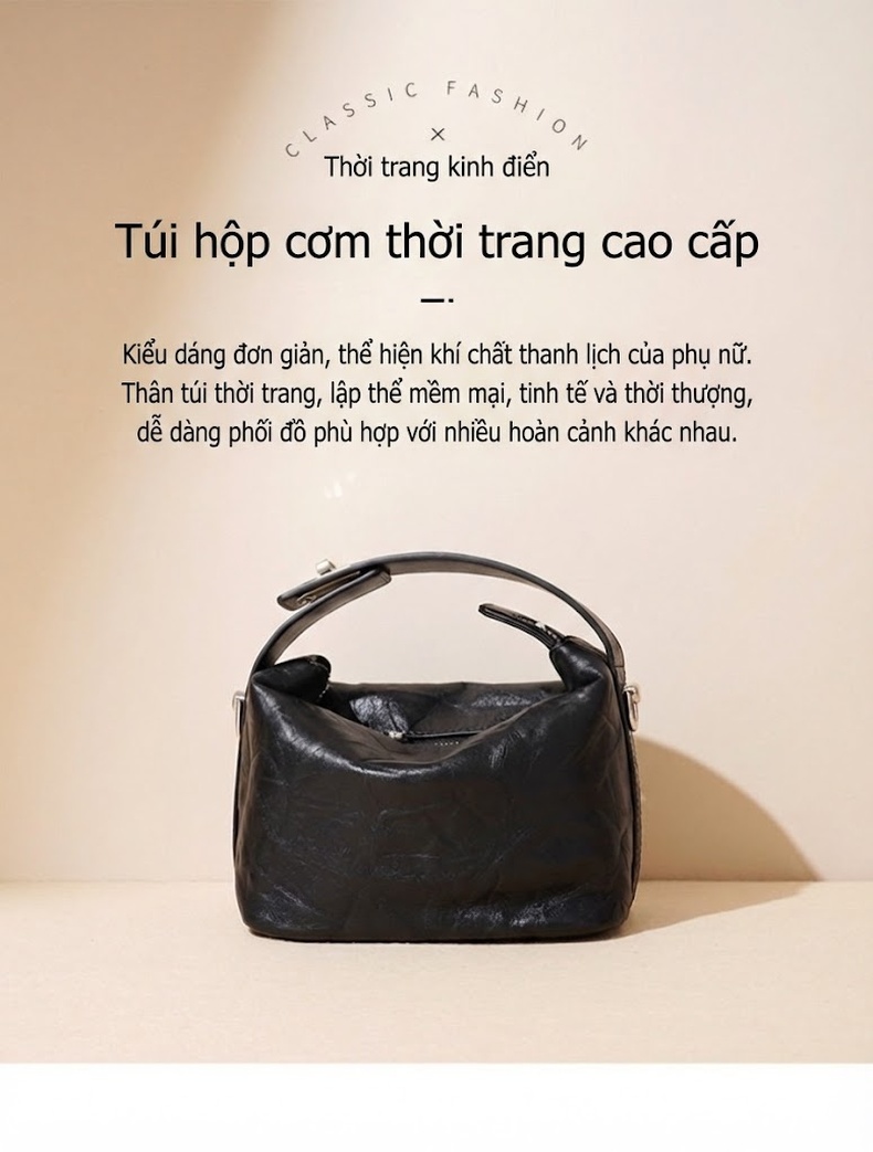 Túi Xách Nữ Da Thật Mini Handbag Đeo Vai/Kẹp Nách Phong Cách Retro Màu Đen, Trắng, Nâu chi tiết 1