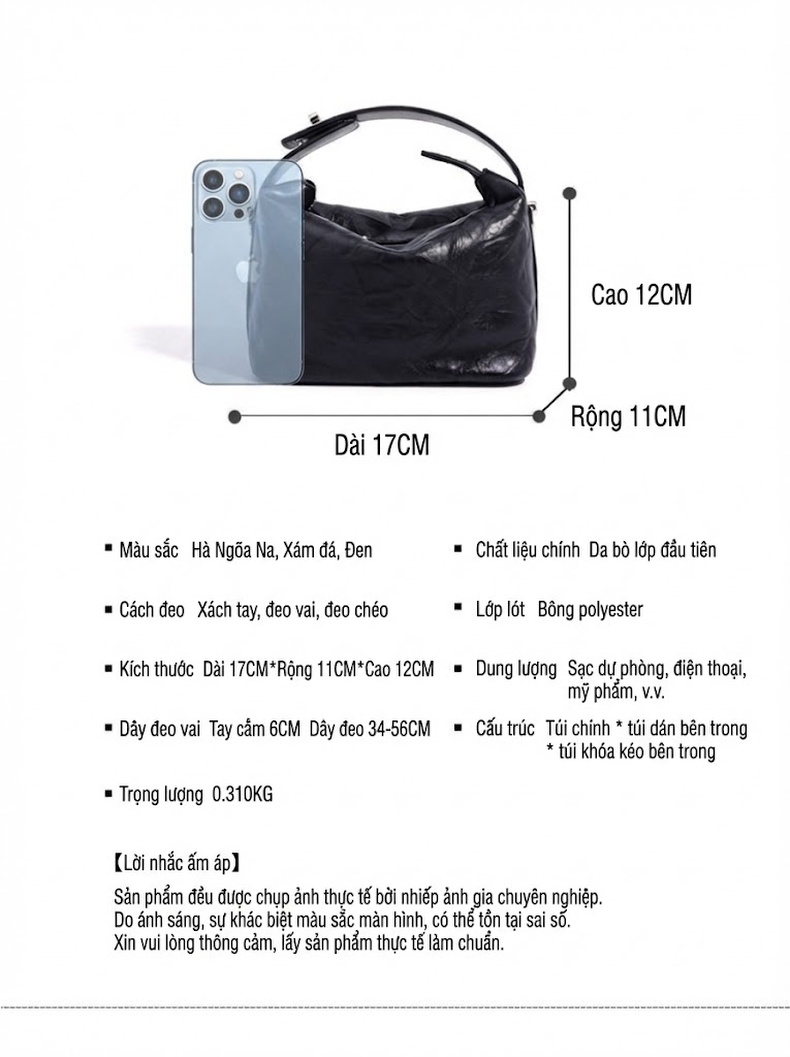 Túi Xách Nữ Da Thật Mini Handbag Đeo Vai/Kẹp Nách Phong Cách Retro Màu Đen, Trắng, Nâu chi tiết 7