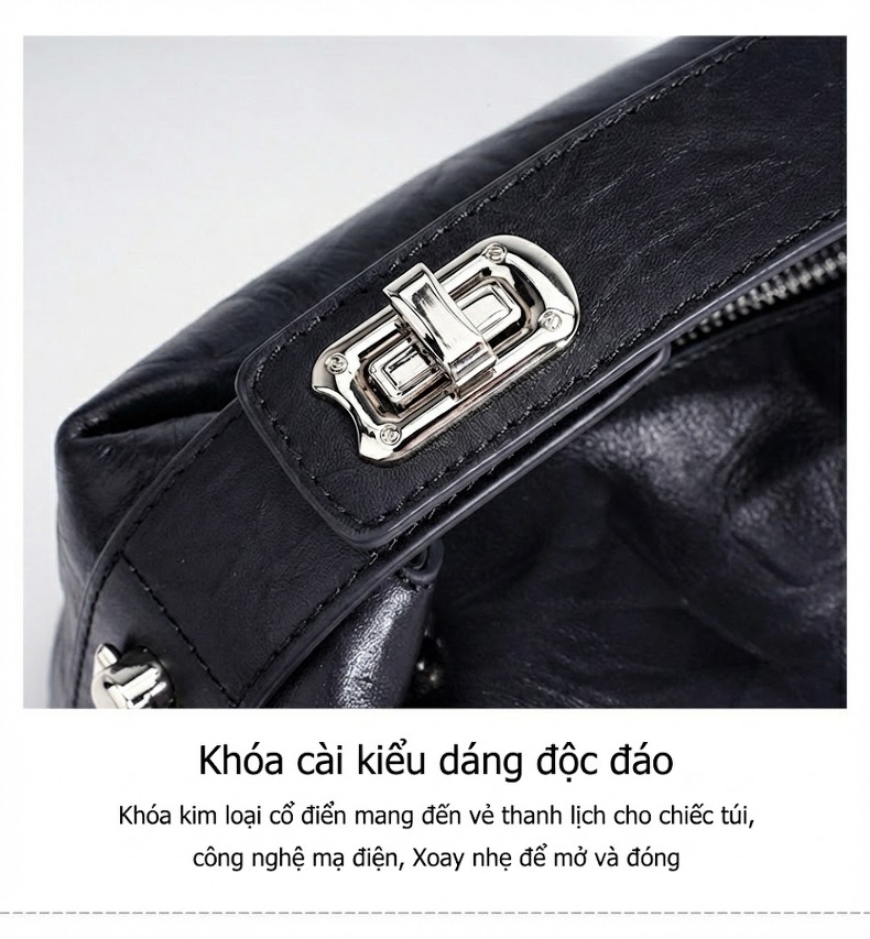 Túi Xách Nữ Da Thật Mini Handbag Đeo Vai/Kẹp Nách Phong Cách Retro Màu Đen, Trắng, Nâu chi tiết 12