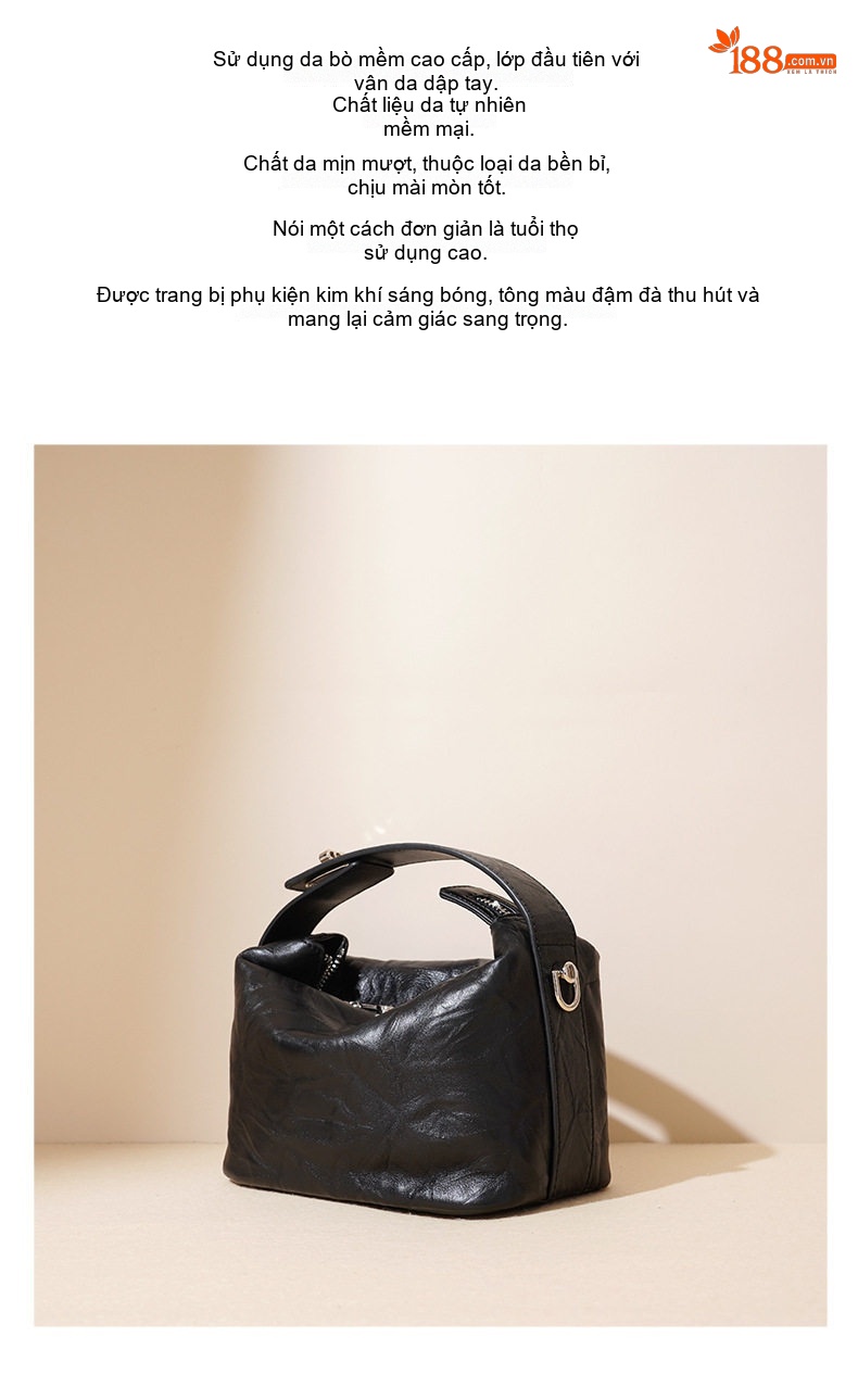 Túi Xách Nữ Da Thật Mini Handbag Đeo Vai/Kẹp Nách Phong Cách Retro Màu Đen, Trắng, Nâu chi tiết 2