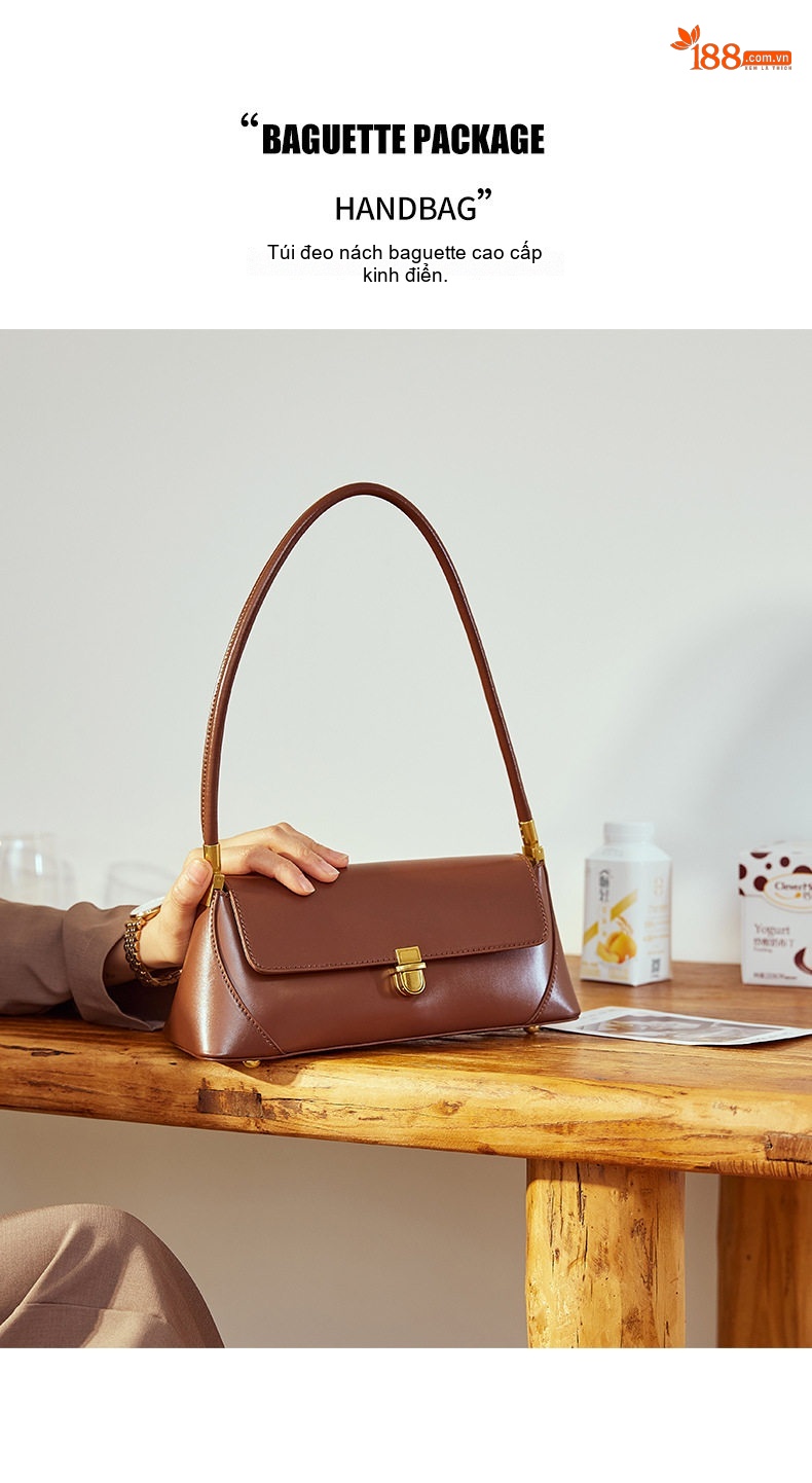 Túi Xách Nữ Da Thật Pháp Baguette Đeo Vai Phong Cách Retro Màu Nâu, Trắng, Đen, Be chi tiết 1