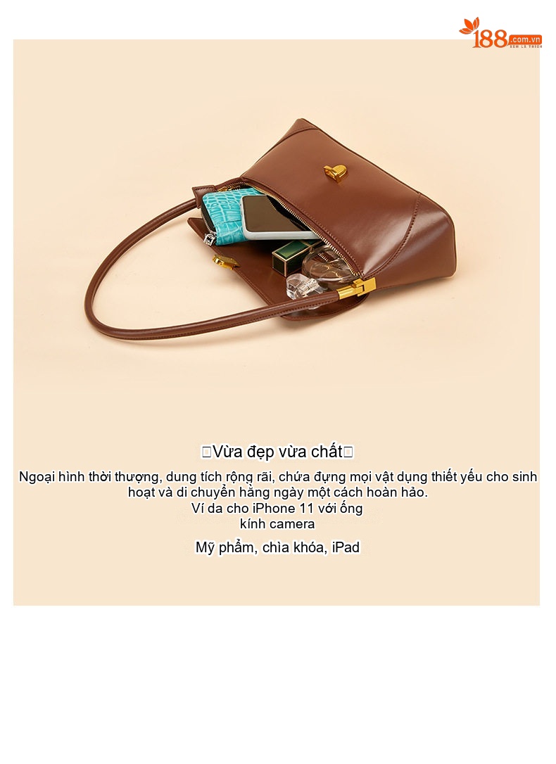 Túi Xách Nữ Da Thật Pháp Baguette Đeo Vai Phong Cách Retro Màu Nâu, Trắng, Đen, Be chi tiết 7