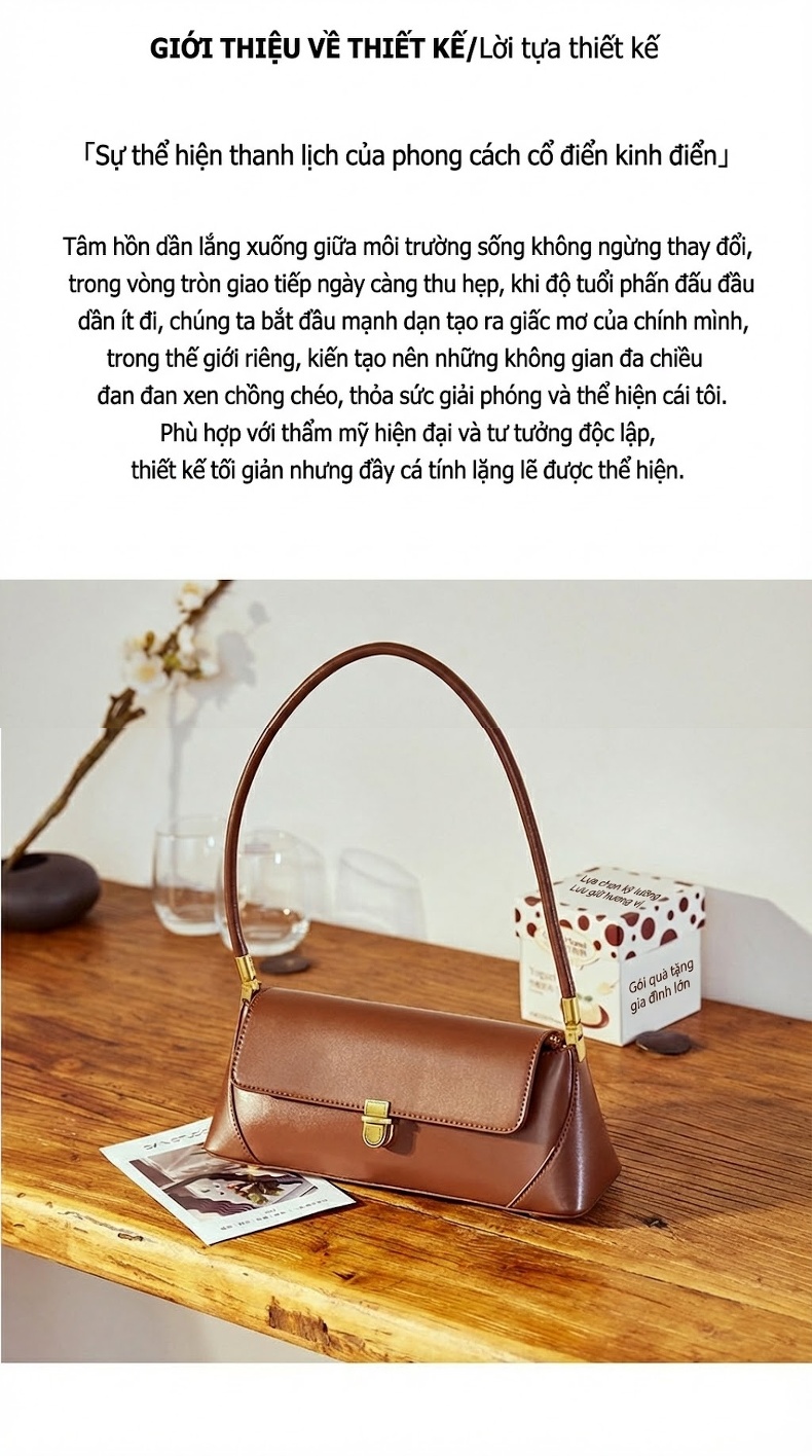 Túi Xách Nữ Da Thật Pháp Baguette Đeo Vai Phong Cách Retro Màu Nâu, Trắng, Đen, Be chi tiết 3