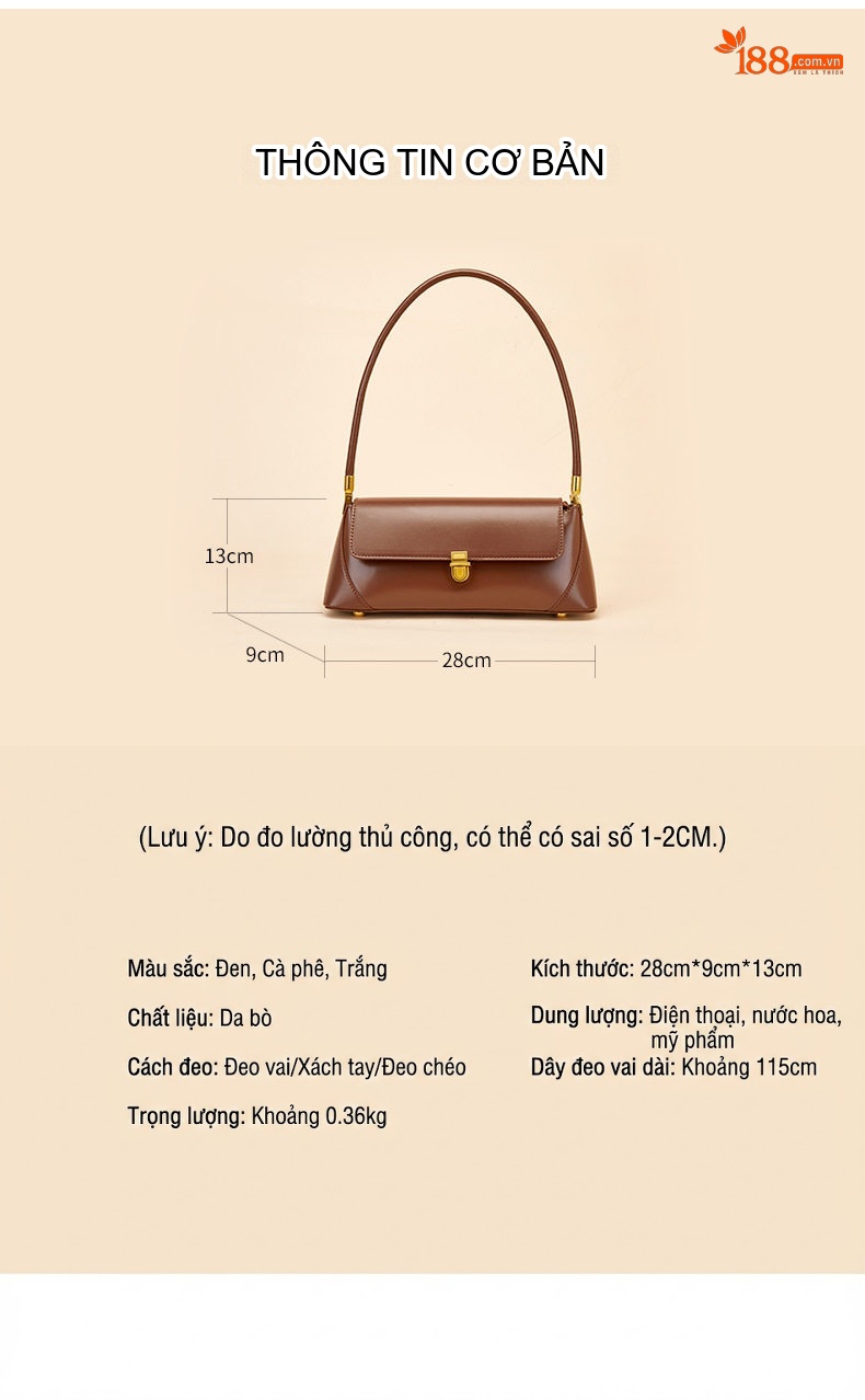 Túi Xách Nữ Da Thật Pháp Baguette Đeo Vai Phong Cách Retro Màu Nâu, Trắng, Đen, Be chi tiết 5