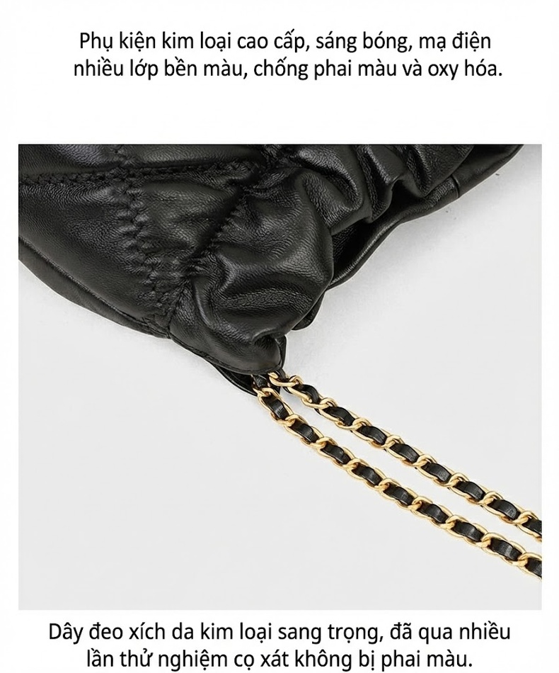 Túi Xách Nữ Da Thật Sức Chứa Lớn Đeo Vai Dây Xích Cầm Tay Màu Đen chi tiết 15