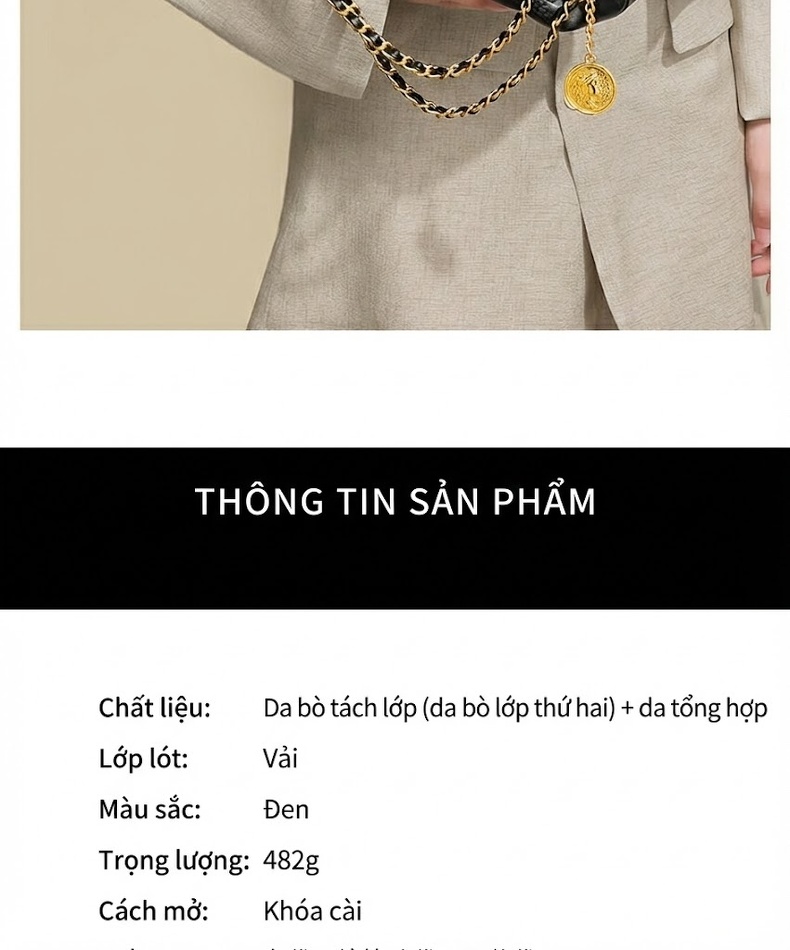 Túi Xách Nữ Da Thật Sức Chứa Lớn Đeo Vai Dây Xích Cầm Tay Màu Đen chi tiết 6