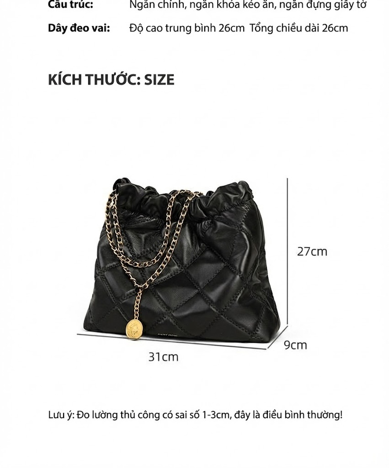 Túi Xách Nữ Da Thật Sức Chứa Lớn Đeo Vai Dây Xích Cầm Tay Màu Đen chi tiết 7