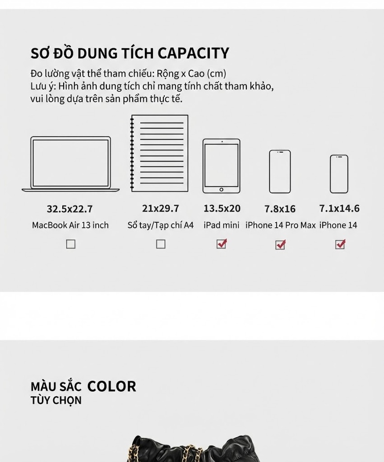 Túi Xách Nữ Da Thật Sức Chứa Lớn Đeo Vai Dây Xích Cầm Tay Màu Đen chi tiết 8