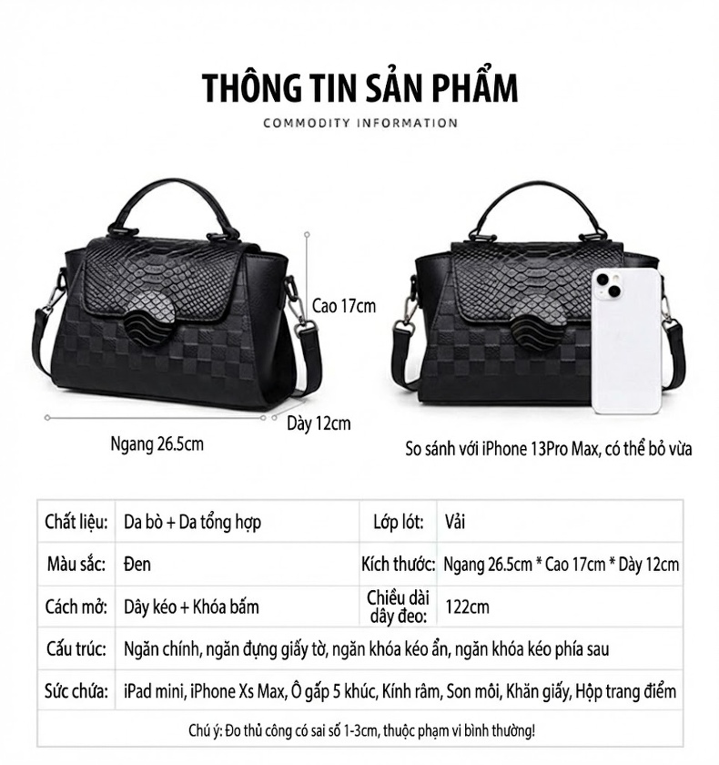 Túi Xách Nữ Da Thật Sức Chứa Lớn Xách Tay Đeo Vai Đeo Chéo Công Sở Màu Đen chi tiết 5
