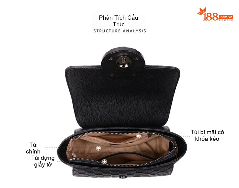 Túi Xách Nữ Da Thật Sức Chứa Lớn Xách Tay Đeo Vai Đeo Chéo Công Sở Màu Đen chi tiết 7