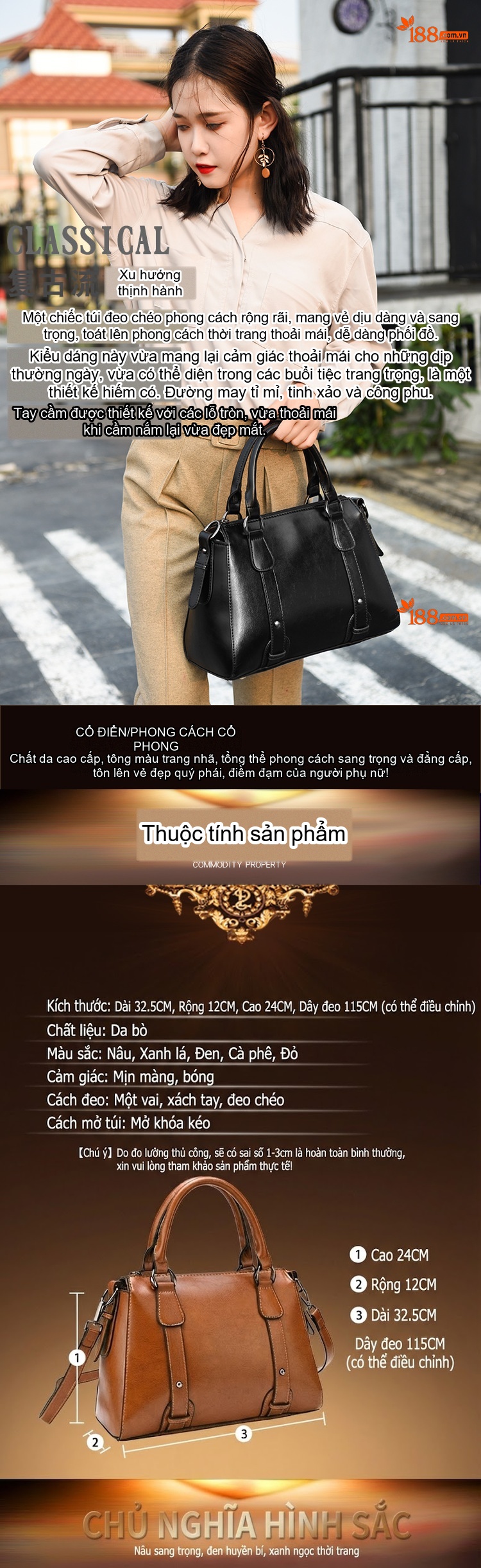 Túi Xách Nữ Da Thật Thời Trang Hàn Quốc Đeo Chéo, Đeo Vai Màu Nâu chi tiết 3