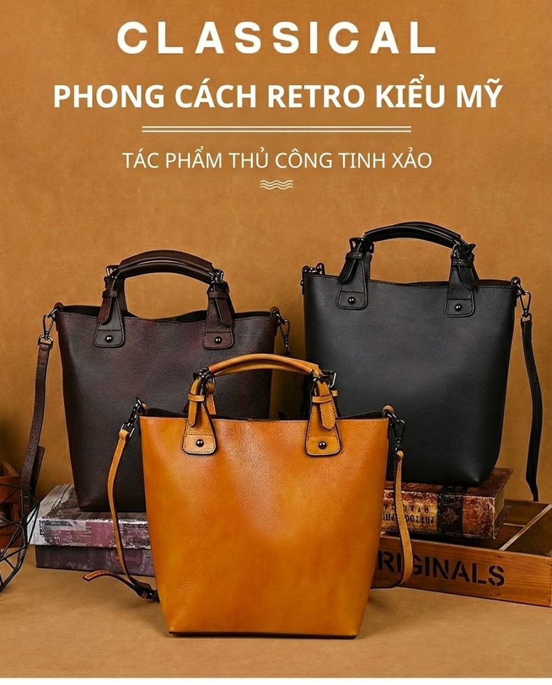 Túi Xách Nữ Da Thật Thủ Công Cổ Điển Đeo Vai/Đeo Chéo Dáng Túi Bucket Sức Chứa Lớn Màu Nâu Đậm, Vàng Da Bò, Đen chi tiết 1