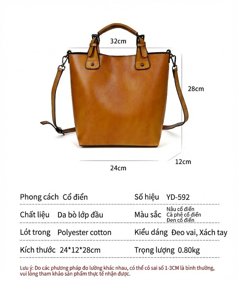 Túi Xách Nữ Da Thật Thủ Công Cổ Điển Đeo Vai/Đeo Chéo Dáng Túi Bucket Sức Chứa Lớn Màu Nâu Đậm, Vàng Da Bò, Đen chi tiết 3