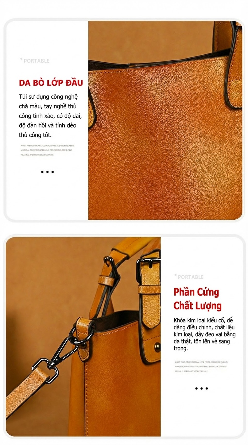 Túi Xách Nữ Da Thật Thủ Công Cổ Điển Đeo Vai/Đeo Chéo Dáng Túi Bucket Sức Chứa Lớn Màu Nâu Đậm, Vàng Da Bò, Đen chi tiết 15
