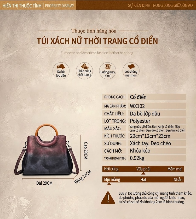 Túi Xách Nữ Da Thật Thủ Công Erased Color Retro Phối Màu Thời Trang Âu Mỹ Đeo Vai Túi Tote chi tiết 1