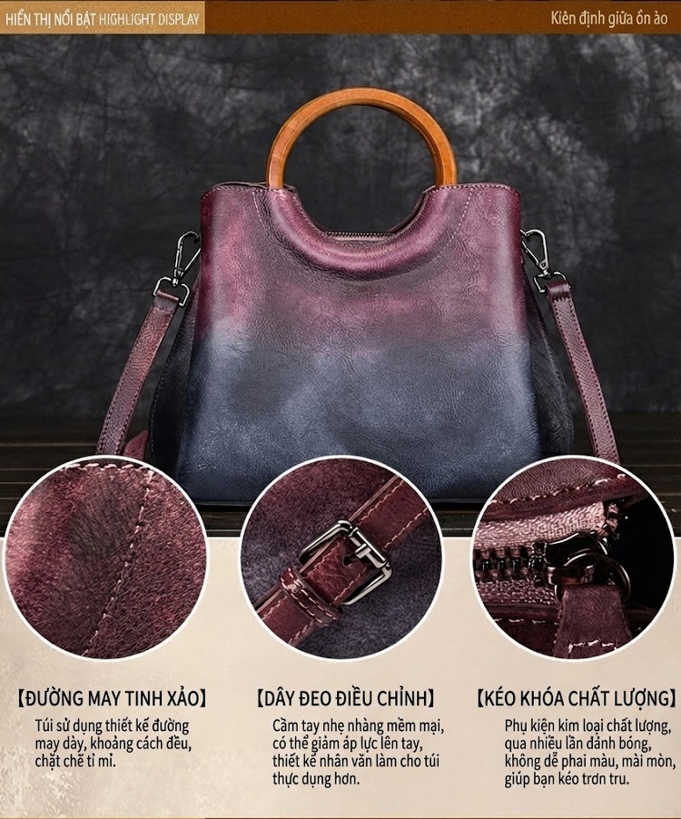 Túi Xách Nữ Da Thật Thủ Công Erased Color Retro Phối Màu Thời Trang Âu Mỹ Đeo Vai Túi Tote chi tiết 2