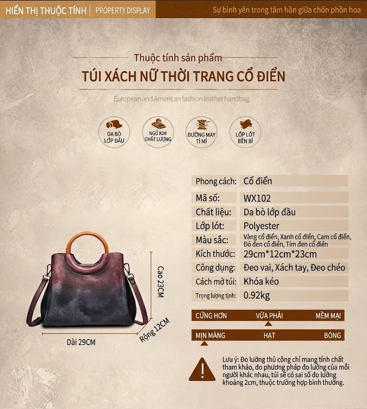Túi Xách Nữ Da Thật Thủ Công Erased Color Retro Phối Màu Thời Trang Âu Mỹ Đeo Vai Túi Tote chi tiết 20