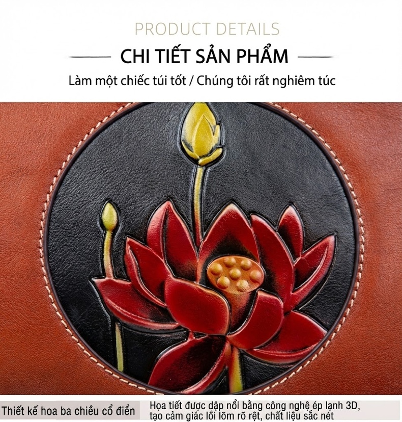 Túi Xách Nữ Da Thật Thủ Công Khắc Hoa Văn Cổ Điển Túi Đeo Vai Túi Xách Tay Màu Đen, Nâu Đỏ chi tiết 11